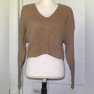 Cozy Cotton Tan V-Neck Ribbed Sweater